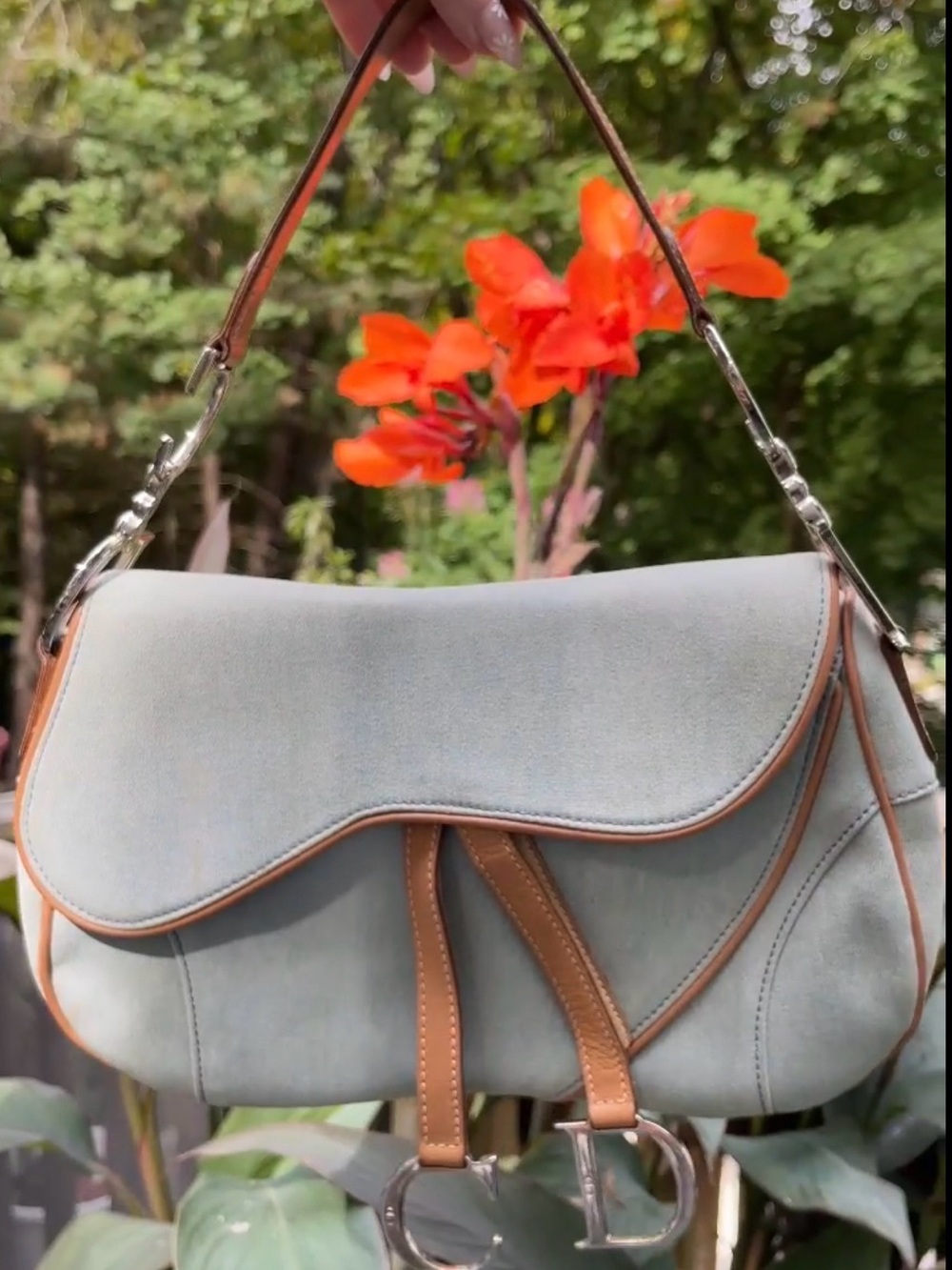 Auth DIOR Light Blue fabric double Saddle Bag Tan leather Trim vintage Silver - Picture 13 of 14